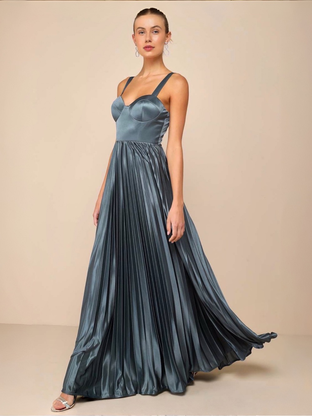 Lulus Luxurious Flair Blue Grey Satin Pleated Bustier Maxi Dress Sz L NEW